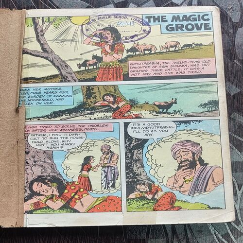 AmarChitra Katha . ( 4 in 1 Single Binding ) Coverless . 1.) The Magic Grove , 2) Abhimanyu , 3.) Kabir . And 4.) Ullopi