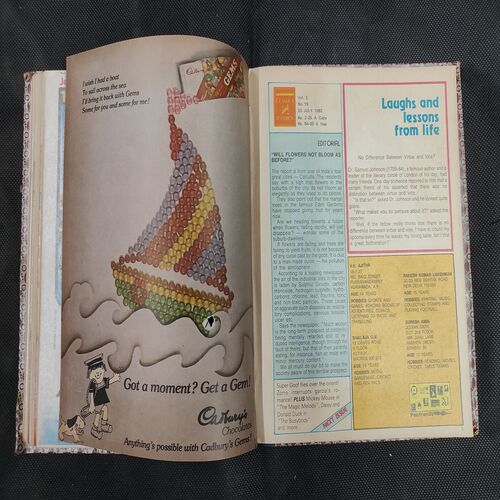 ( 12 In 1 Single Binding ) Chandamama Classics And Comics . Edition :- { 1. Chandamama ( Vol. 02 , No. 13 ) 20th April 1982 .  2. Chandamama ( Vol. 02 , No.14 )  3. Chandamama ( Vol. 02 , No. 15 ) 20th May 1982 .  4. Chandamama ( Vol. 02 , No. 16 ) 5th June 1982 . 5. Chandamama ( Vol. 02 , No. 17 ) 20th June 1982 .   6. Chandamama ( Vol. 02 , No. 18 ) 5th July 1982 . 7. Chandamama ( Vol. 02 , No. 19 ) 20th July 1982 .  8. Chandamama ( Vol. 02 , No. 20 ) 5th August 1982 .  9. Chandamama ( Vol. 02 , No. 21 ) 21th August - 5th september 1982 .  10. Chandamama ( Vol. 02 , No. 22 ) 6th - 20th September 1982 . 11. Chandamama ( Vol. 02 , No. 23 ) 21 September - 5th October 1982 .  12. Chandamama ( Vol. 02 , No. 24 ) 6th - 20th October 1982 }.