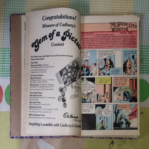 (INDRAJAL COMICS) (10 IN 1 SINGLE BINDING), 1.> THE GREEN-EYED MONSTER(PART-2), 2.>THE GREEN-EYED MONSTER(PART-3), 3.>THE WITCHES COVE, 4.> JALADASYUON KE JAAL MEIN (LANGUAGE-HINDI), 5.> VAHASHI SHAHJADA(LANGUAGE-HINDI), 6.> GHAGHAKATE SITAARE(LANGUAGE-HINDI), 7.> THE TREASURE TRAIL, 8.> BRUSH WITH DEATH, 9.> THE GAME OF TREACHERY, 10.> BEYOND THE BOILING RIVER