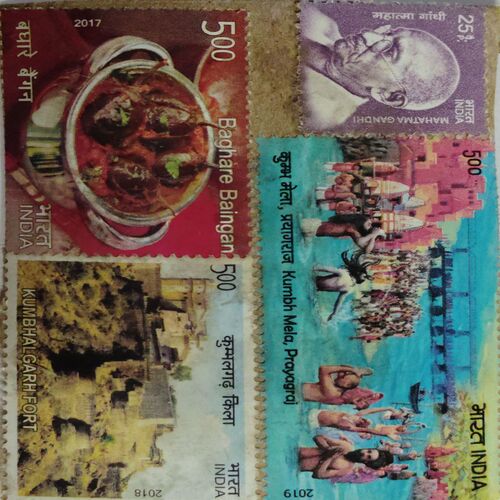 Mahatma Gandhi/ Kumbh Mela , Prayagraj  / Baghare Baingan / Kumbhal ghrh Fort  ( Stamp )
