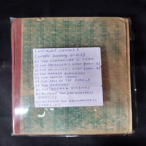 (INDRAJAL COMICS) (SINGLE BINDING 10 IN 1), 1.>THE STRANGLER'S TRAP, 2.>THE SMUGGLER'S RING (PART-1), 3.>THE SMUGGLER'S RING (PART-2), 4.>THE HORROR DUNGEONS, 5.>THE MAGIC SWORD, 6.>THE CALL OF THE JUNGLE, 7.>THE DRAGONS', 8.>THE BROKEN STRINGS, 9.>ALEENA THE ENCHANTRESS (PART-1), 10.>ALEENA THE ENCHANTRESS (PART-2)