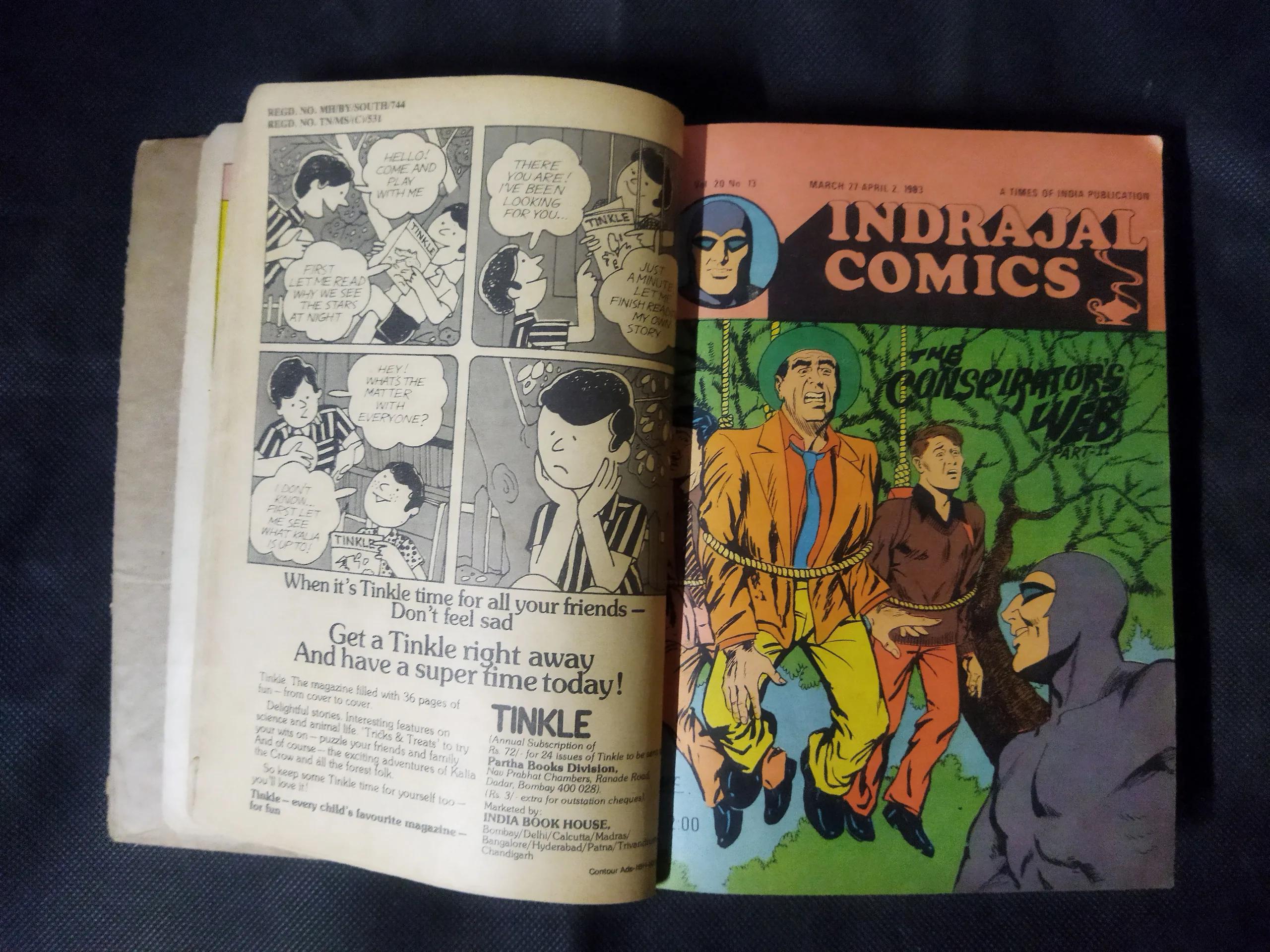(INDRAJAL COMICS) (SINGLE BINDING 23 IN 1), 1.>THE CONSPIRATOR'S WEB (PART-1), 2.>THE CONSPIRATOR'S WEB (PART-2), 3.>TRAUMA OF FEAR, 4.>VETAAL KA BETA (PART-1), 5.>VETAAL KA BETA (PART-2), 6.>THE DUEL AT SHIKARGARH, 7.>CHUDAILON KEE DUNIYA, 8.>BHATAKATEE AATMAEN, 9.>THE MYSTERIOUS CUTLASS, 10.>MAUT SE MUKAABALA, 11.>THE IRON MAIDENS, 12.>JAHAREELA SANGEET, 13.>LAHARON KEE AAG (PART-1), 14.>LAHARON KEE AAG (PART-2), 15.>THE DOOMED CAPTIVES, 16.>THE VAIN PRINCE, 17.>FAULADI BAHADUR, 18.>THE INVISIBLE THIEF, 19.>MANDRAKE'S KA KHOONKHAAR BHAEE (PART-2), 20.>MANDRAK'S KA KHOONKHAAR BHAEE (PART-1), 21.>HEERON JADEE TROPHEE KEE CHOREE, 22.>THE DRAGOUR FROM VEGA-3, 23.>PAGAL VAIGYAANIK,