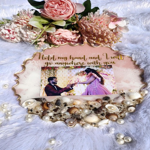 Tranding pink beach theme resin engagement photo frame.