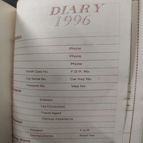 Old Pocket Diary . Year :- ( 1996 ) .
