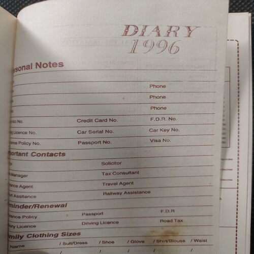 Old Pocket Diary . Year :- ( 1996 ) .