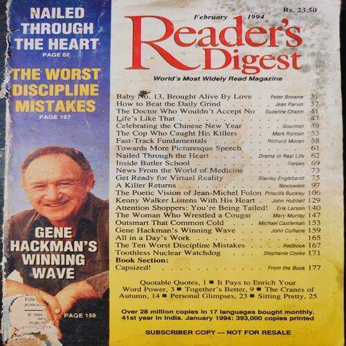 Reader's Digest . Edition :- ( Feb - 1994 ). Front Cover & 1- 10 Pages Small Cut Down Side .