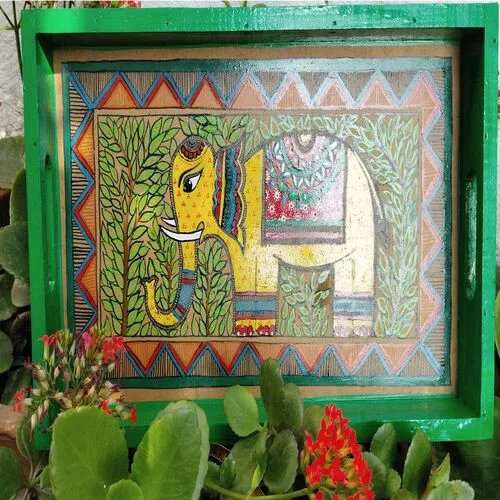 Wooden Handmade Serving Tray With Handle & Hand – Painted (Maithili Painting )