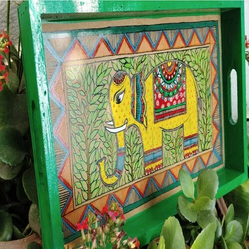 Wooden Handmade Serving Tray With Handle & Hand – Painted (Maithili Painting )