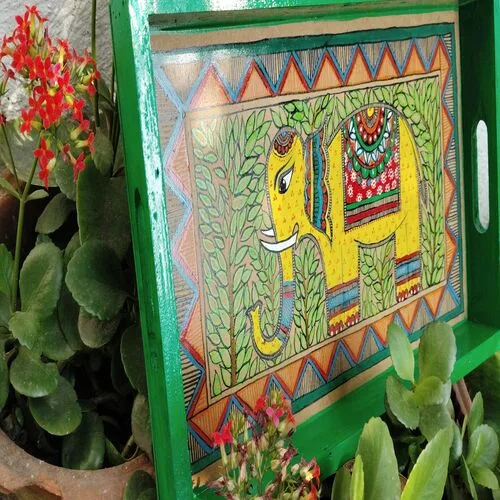 Wooden Handmade Serving Tray With Handle & Hand – Painted (Maithili Painting )