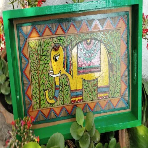 Wooden Handmade Serving Tray With Handle & Hand – Painted (Maithili Painting )