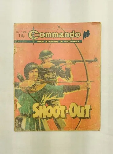 D.C. Thomson, Commando comics, Commando No. 1506, Shoot-Out comic, vintage comic, WWII comic, war comic, action comic, adventure comic, British comic, collectible comic, military comic, black and white comic, comic collectors, comic collection, comic marketplace, graphic storytelling, classic comic, comic trading, comic fandom, British war comics, soldier comics, historic comic, vintage comic book, collectible edition, comic fans, comic shop, comic enthusiasts, war stories, military action, comic art, comic series, comic community, comic lovers, comic book store, comic auctions, wartime comic, classic war story, vintage collectors, comic display, comic products, comic trades, comics UK, hero comics, black & white comics, comic lore, comic history, adventure stories, WWII stories, military history comics, comic narratives, comic editions, comic book readers, British comics collectors, comic fan base, comic events, war hero comics, military graphic novels, vintage comic sellers, war comic books, classic adventure comics, historic war comics, comic book sales UK, collectible war comics, comic series UK, classic comic editions, military stories, comic fan communities, comic storylines, classic adventure comics, comic trading UK, collectible military comics, comic art style, comic book forums, comic book collections UK, vintage comic shop, battle stories comics, classic black and white comics, British comic book shops, comic book markets, historical comic books, vintage war comics