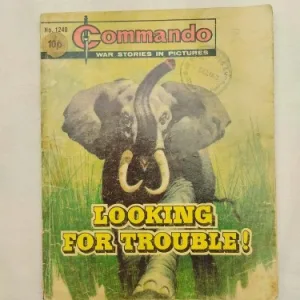 D.C. Thomson, Commando comics, Commando No. 1240, Looking for Trouble, vintage comic, WWII comic, war comic, action comic, adventure comic, British comic, collectible comic, military comic, black and white comic, comic collectors, comic collection, comic marketplace, graphic storytelling, classic comic, comic trading, comic fandom, British war comics, soldiers comics, historic comics, vintage comic book, collectible edition, comic fans, comic shop, comic enthusiasts, war stories, military action, comic art, comic series, comic community, comic lovers, comic book store, comic auctions, wartime comic, classic war story, vintage collectors, comic display, comic products, comic trades, comics UK, hero comics, black & white comics, comic lore, comic history, adventure stories, WWII stories, military history comics, comic narratives, comic editions, comic book readers, British comics collectors, comic fan base, comic events, war hero comics, military graphic novels, vintage comic sellers, war comic books, classic adventure comics, historic war comics, comic book sales UK, collectible war comics, comic series UK, classic comic editions, military stories, comic fan communities, comic storylines, classic adventure comics, comic trading UK, collectible military comics, comic art style, comic book forums, comic book collections UK, vintage comic shop, battle stories comics, classic black and white comics, British comic book shops, comic book markets, historical comic books, vintage war comics, Commando Looking For Trouble, No. 1240 comic, comic retro collection, WWII battle stories, rare war comics, Commando classic, 1978 vintage comic, war adventure comic UK, old British comics