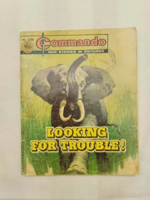 D.C. Thomson, Commando comics, Commando No. 1240, Looking for Trouble, vintage comic, WWII comic, war comic, action comic, adventure comic, British comic, collectible comic, military comic, black and white comic, comic collectors, comic collection, comic marketplace, graphic storytelling, classic comic, comic trading, comic fandom, British war comics, soldiers comics, historic comics, vintage comic book, collectible edition, comic fans, comic shop, comic enthusiasts, war stories, military action, comic art, comic series, comic community, comic lovers, comic book store, comic auctions, wartime comic, classic war story, vintage collectors, comic display, comic products, comic trades, comics UK, hero comics, black & white comics, comic lore, comic history, adventure stories, WWII stories, military history comics, comic narratives, comic editions, comic book readers, British comics collectors, comic fan base, comic events, war hero comics, military graphic novels, vintage comic sellers, war comic books, classic adventure comics, historic war comics, comic book sales UK, collectible war comics, comic series UK, classic comic editions, military stories, comic fan communities, comic storylines, classic adventure comics, comic trading UK, collectible military comics, comic art style, comic book forums, comic book collections UK, vintage comic shop, battle stories comics, classic black and white comics, British comic book shops, comic book markets, historical comic books, vintage war comics, Commando Looking For Trouble, No. 1240 comic, comic retro collection, WWII battle stories, rare war comics, Commando classic, 1978 vintage comic, war adventure comic UK, old British comics