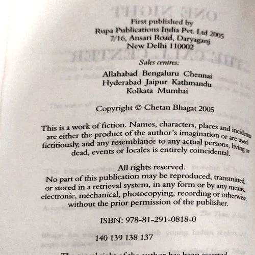 One Night The Call Centre (pages 258) (by Chetan Bhagat)