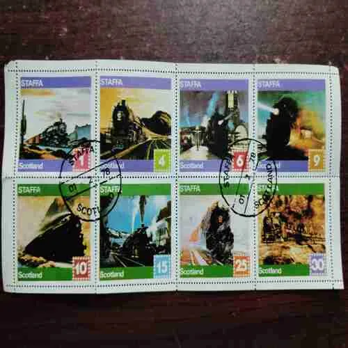 Document 23_23 Staffa Island Railroad Trains Locomotives stamps in mini Sheet 1978 A24 , SCOTLAND (SET OF 8)