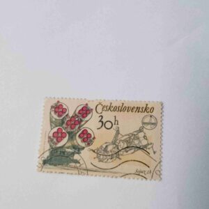CZECHOSLOVAKIA STAMP BROOCH 30h POSTAGE , SOYUZ 28 , ROCKETS AND CAPSULE ( 1979 )