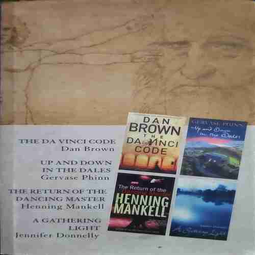 The Da Vinci Code( By=Dan Brown ) , Up and Down in the Dales( By=Gervase Phinn ) ,The return of the Dancing master( By=Heninng mankell ) , A Gathering Light ( By= Jennifer Donnelly ,) (Total page no=539 ) The Da Vinci Code( By=Dan Brown ) , Up and Down in the Dales( By=Gervase Phinn ) ,The return of the Dancing master( By=Heninng mankell ) , A Gathering Light ( By= Jennifer Donnelly ,) (Total page no=539 )