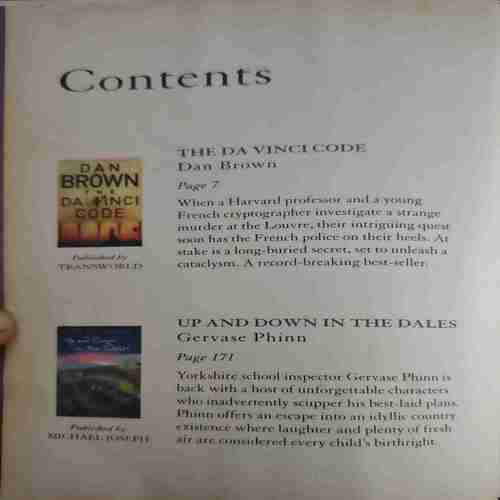 Document 2_34 The Da Vinci Code( By=Dan Brown ) , Up and Down in the Dales( By=Gervase Phinn ) ,The return of the Dancing master( By=Heninng mankell ) , A Gathering Light ( By= Jennifer Donnelly ,) (Total page no=539 )